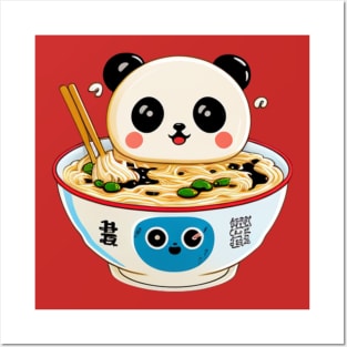 kawaii cute panda eating ramen Posters and Art